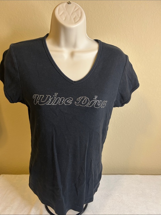 Tops - Women's V-Neck Black Tee with Rhinestone “Wine Diva” Script